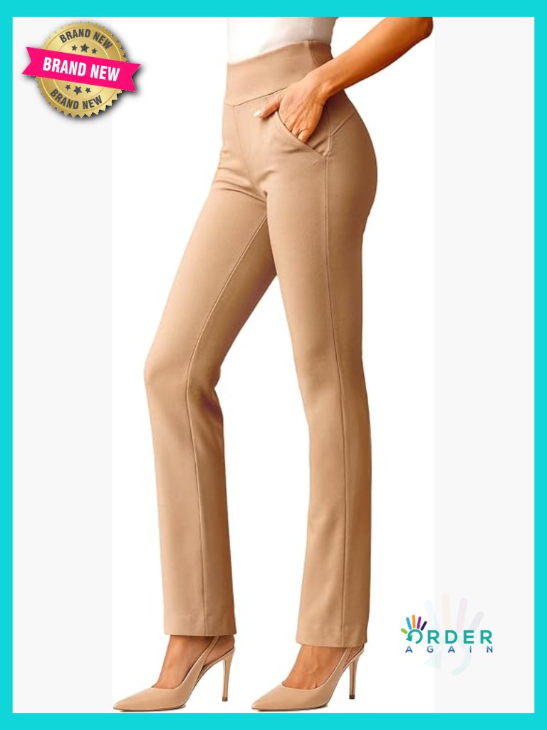 High-Rise Straight Dress Pants With Pockets Stretch Ponte Knit Tummy Control